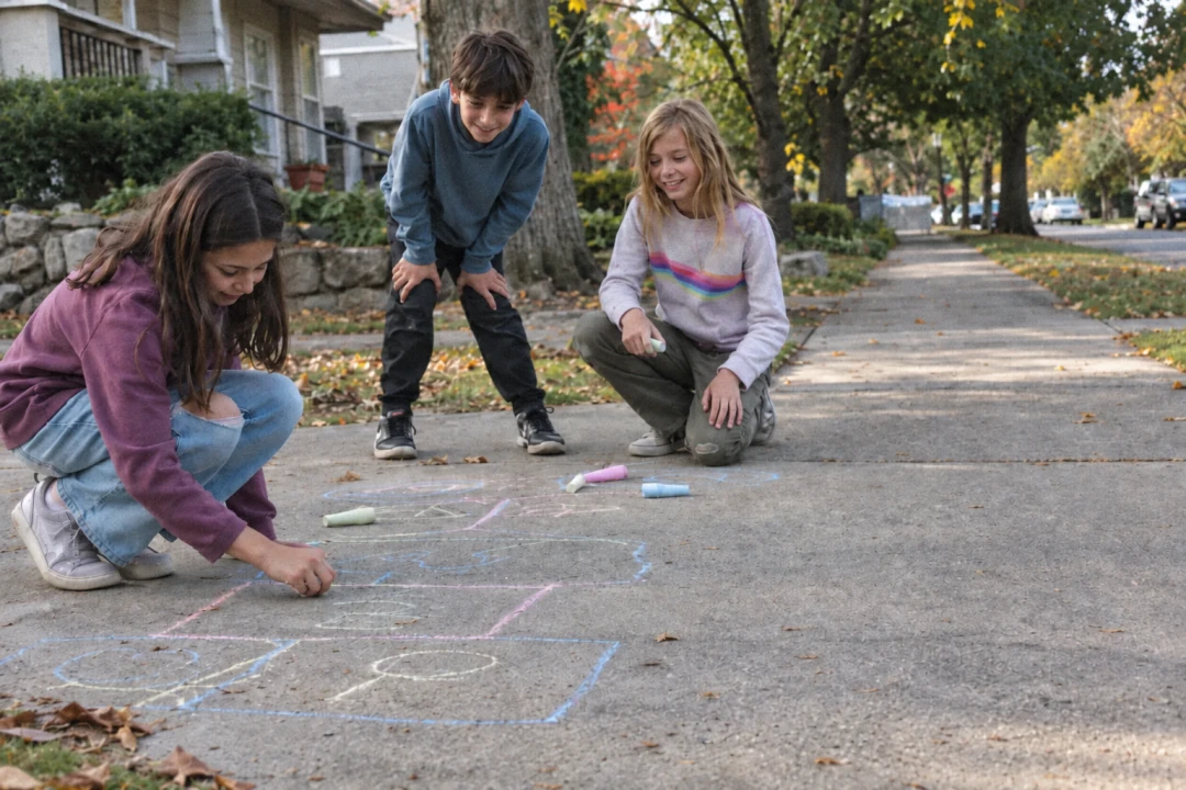 Children absorbed in a sidewalk-chalk game with friends in the neighborhood
