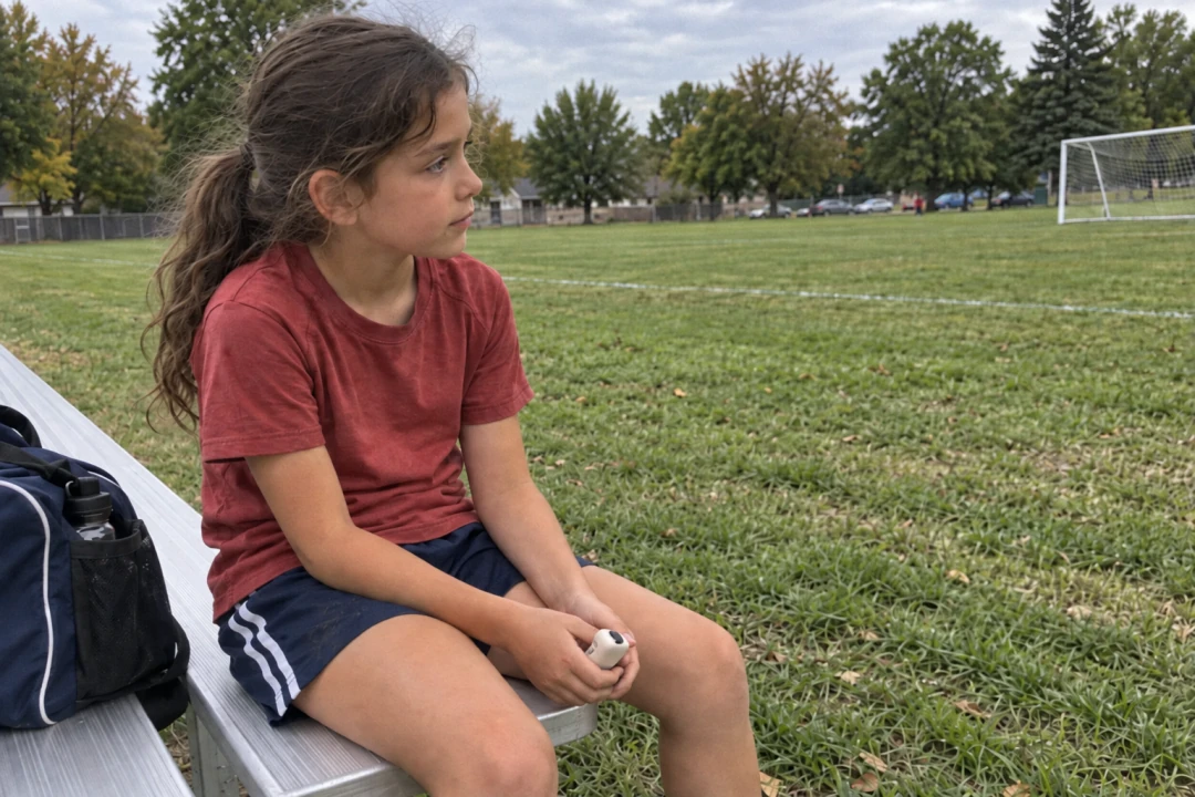 A child waiting on a sideline bench after practice, with ReadyChime resting in their lap