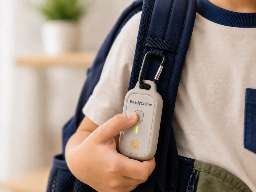 A child's hand pressing the ReadyChime button clipped to their backpack strap